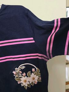 Navy Blue T-Shirt with Pink Stripes &amp; Floral Desig