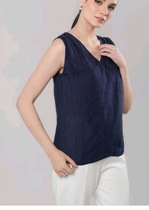 zlaata Navy Blue V-Neck Ribbed Top with free 🎁
