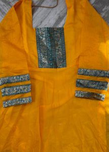 Vibrant Yellow Kurta Set with Blue Dupatta