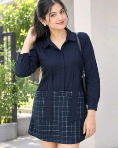 Navy Blue Dress with Plaid Skirt
