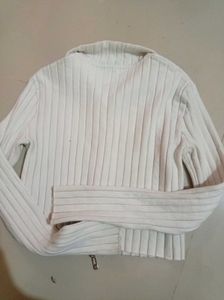 Bershka White Ribbed Knit Zip-Up Top