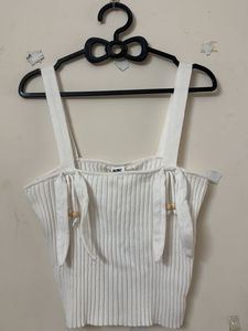 White Ribbed Knit Tie-Strap Tank Top