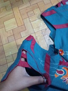 New Teal &amp; Red Embroidered Kurti Pant Set
