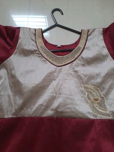 Tafetta Silk Long Kurti Gown Maroon Gold Wedding