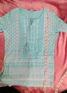 Blue Printed Tassel Neck Kurta