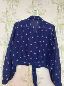 Navy Blue Polka Dot Tie-Front Blouse