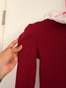 maroon Knit Dress with Lace Collar