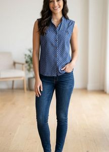 New Blue Polka Dot Sleeveless Shirt