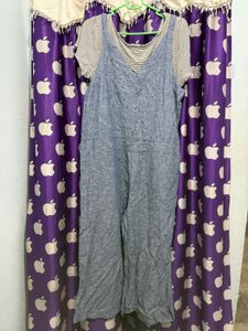 Cute Blue Linen Jumpsuit w/ Striped Tee
