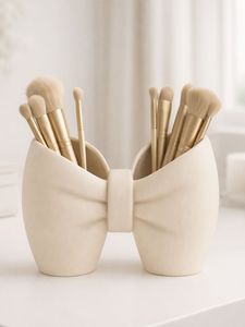 Handcrafted White Bow Brush Holder