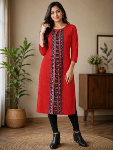 Red Ethnic Print woolen Kurti