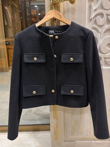 Chic Black Cropped Jacket with Gold Buttons