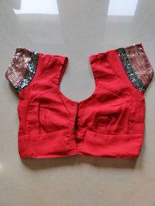Heavy Designer Tomato Red &amp; Blue Saree With Blouse
