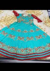 zari work Teal Embroidered Anarkali Gown