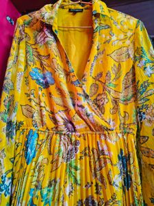 Yellow Floral Pleated Midi Dress