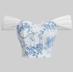 Off-Shoulder Blue Print Crop Top