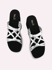 Silver Strapy Open Toe Wedge Heels With Knots