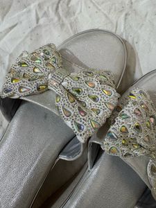 Sparkling Bow Embellished Silver Sandals