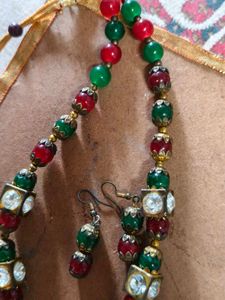 Green &amp; Red Beaded Necklace with Earrings