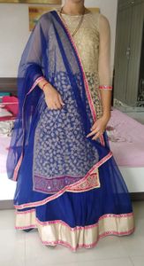 Indo western blue and beige color net with dupatta
