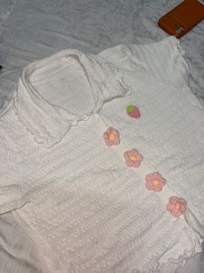 White Textured Crop Top with Flower Details