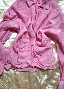 Pink Ruched Button-Up Shirt