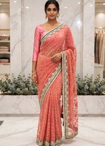 Stunning Peach Lace Saree with Embellished Border