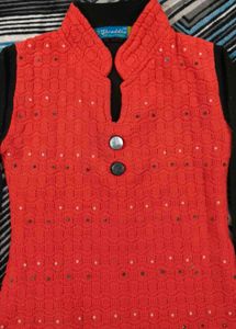 Stylish Red Knit Sweater with Embellishments