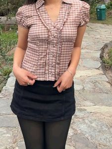 Cute Gingham Ruffled Button-Up Top