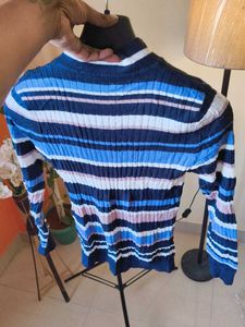 New Korean Striped Knit Mock Neck Top