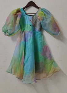 Colorful Puff Sleeve Organza Dress
