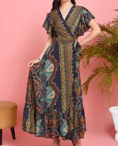 Paisley Print V-Neck Wrap A line dress
