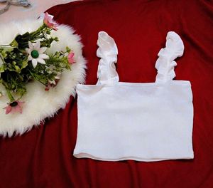 White Ribbed Crop Top with Ruffle Straps