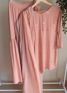 peach cotton long tunic set with dupatta nd pant