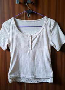 Ribbed Henley Top with Lace Trim