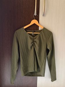 Olive Green V- Neck Ribbed Top | Full Slee
