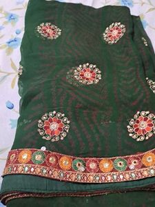 Embroidered Green pure Chiffon Saree