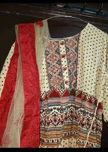 Yellow Printed Kurta set Red Dupatta and  lower