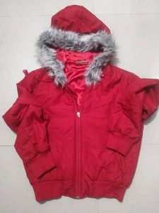 Red Faux Fur Trim Jacket JLO By Jennifer Lopez....