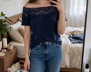 Off-Shoulder Navy Blue Lace Top