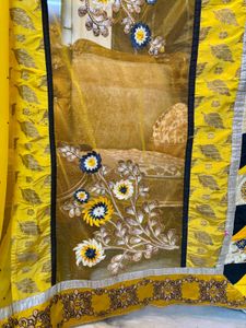 Vibrant Yellow Floral Print Saree