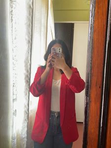 Chic Red Blazer with Ruched Sleeves