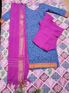 Blue Printed Kurta Set with Magenta Dupatta