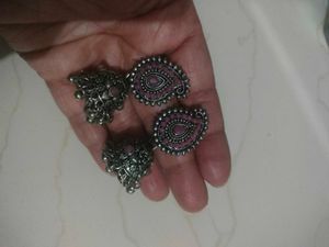 Green Jhumka And Oxidised Jumka Combo