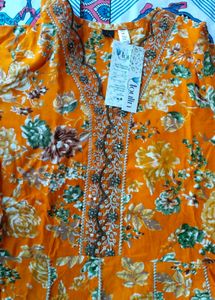 Vibrant Orange Floral Kurta Set with Dupatta