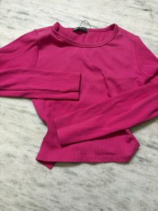 Backless Hot Pink Ribbed Long Sleeve Top