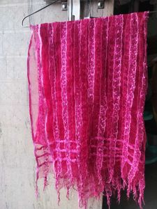 Rani Pink Tulle Dupatta with Lace Work and Fringe