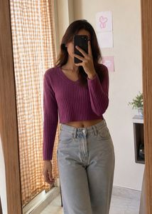 Ribbed V-Neck Long Sleeve Cropped Top