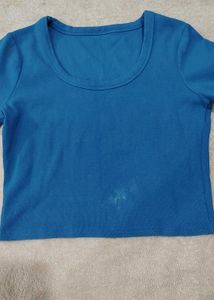 Blue Cropped Ribbed T-Shirt