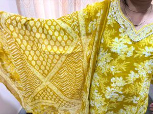 Vibrant Yellow Floral Kurta pant dupta set